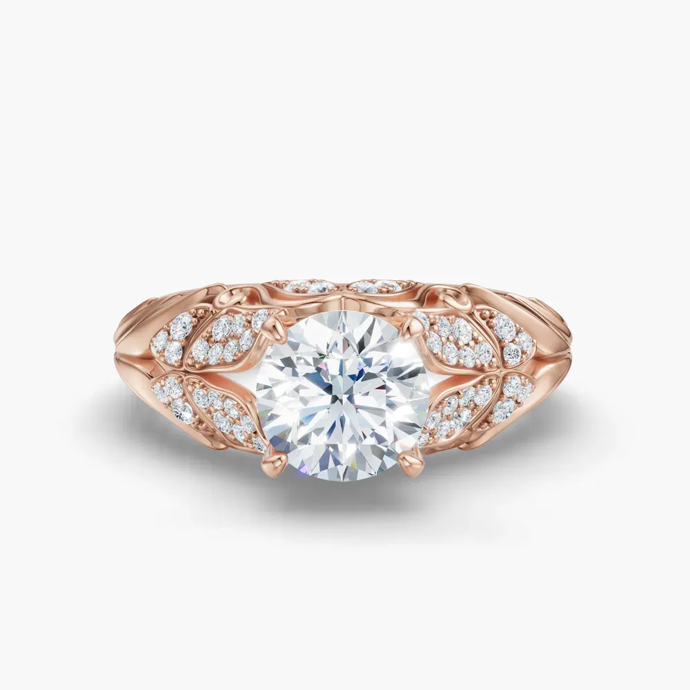 Certified 1 carat Lab Grown Diamond Round Cut Nature inspired, Pavé, Unique Engagement Ring in 14K Rose Gold-Lyric