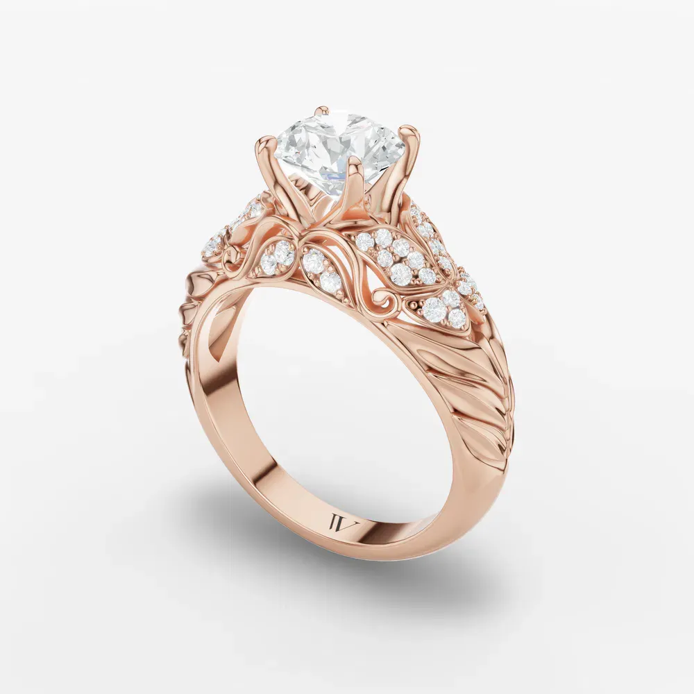 Certified 1 carat Lab Grown Diamond Round Cut Nature inspired, Pavé, Unique Engagement Ring in 14K Rose Gold-Lyric