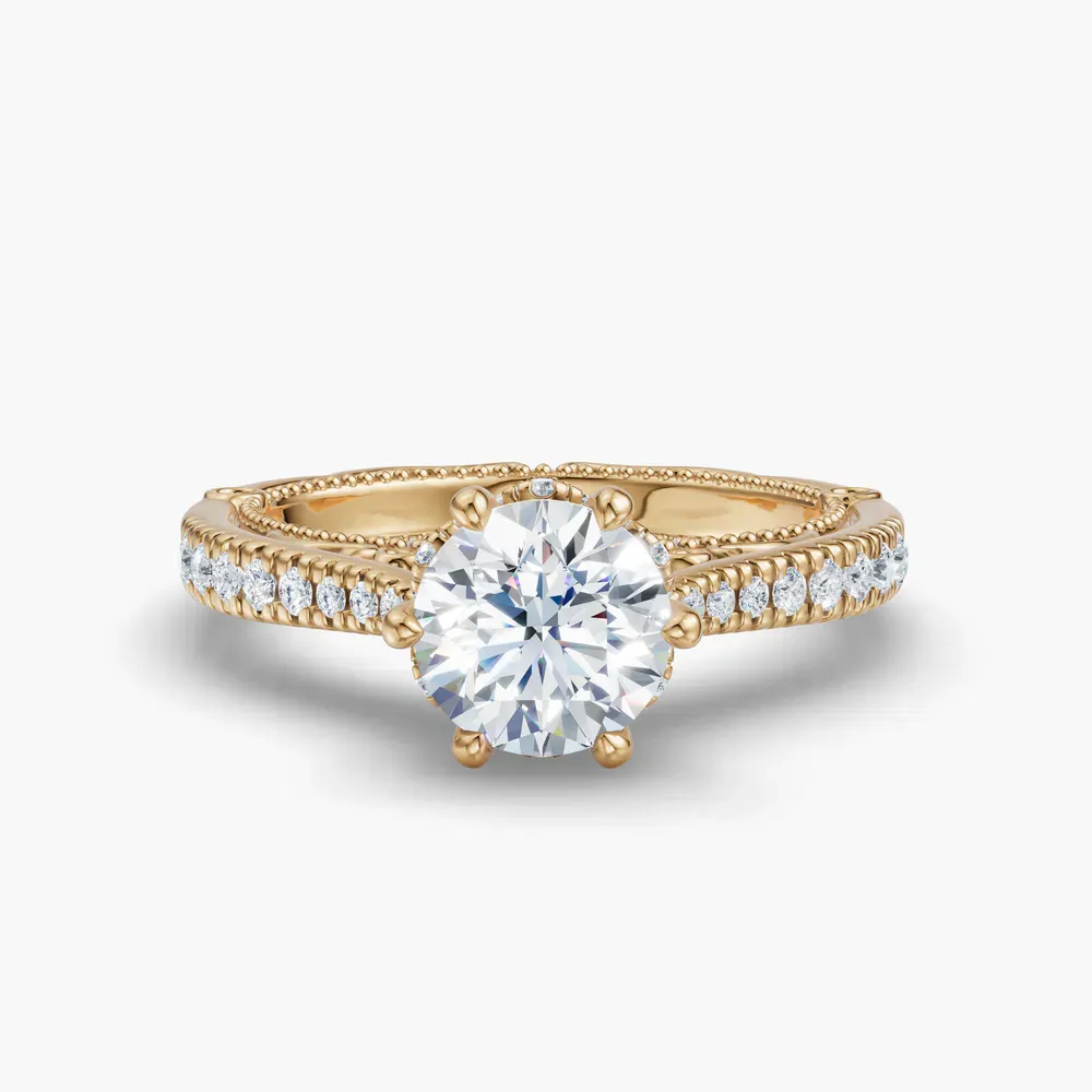 Certified 1 carat Lab Grown Diamond Round Cut Milgrain, Filigree, Nature inspired Engagement Ring in 14K Yellow Gold-Vespera