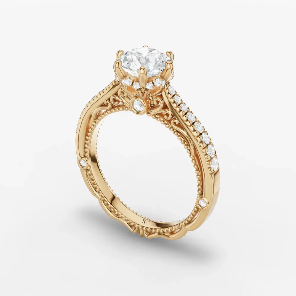 Certified 1 carat Lab Grown Diamond Round Cut Milgrain, Filigree, Nature inspired Engagement Ring in 14K Yellow Gold-Vespera