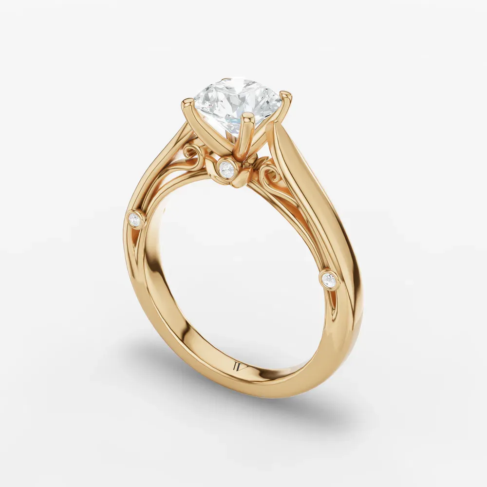 Certified 1 carat Lab Grown Diamond Round Cut Cathedral, Nature inspired, Solitaire Engagement Ring in 14K Yellow Gold-Saelor