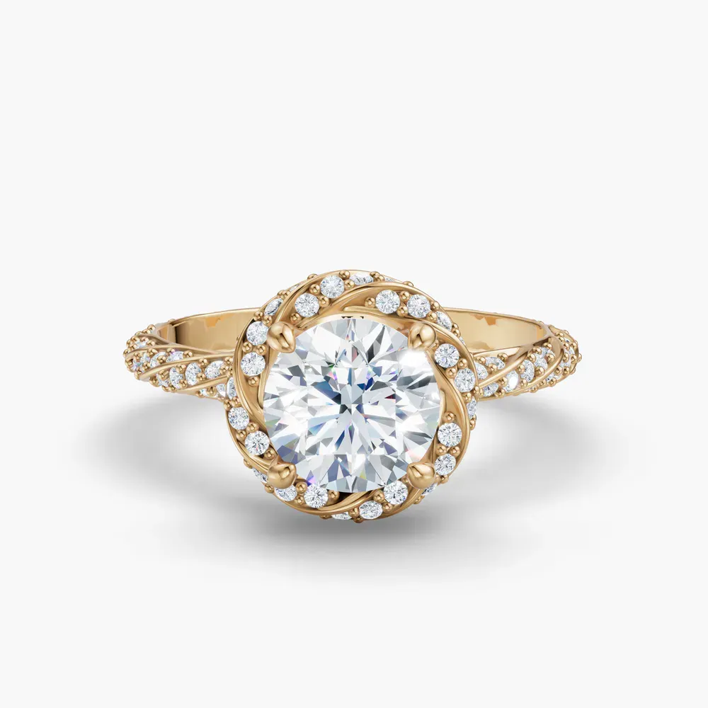 Certified 1 carat Lab Grown Diamond Round Cut Halo, Floral, Twist Engagement Ring in 14K Yellow Gold-Moxl