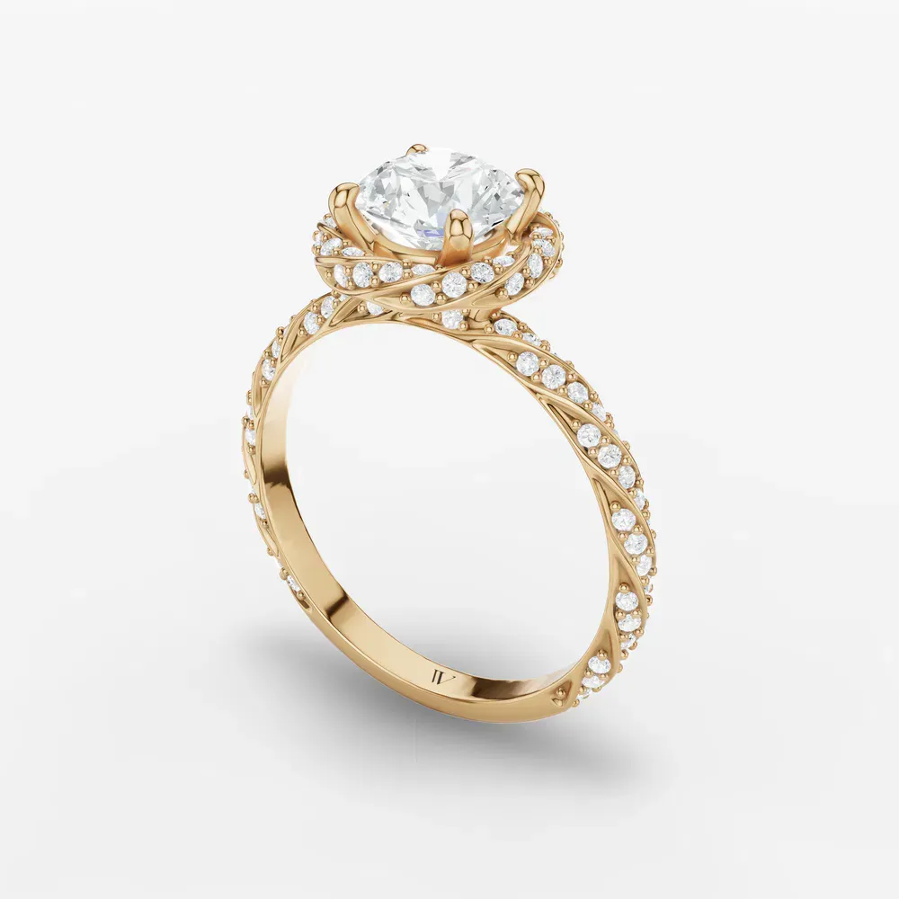 Certified 1 carat Lab Grown Diamond Round Cut Halo, Floral, Twist Engagement Ring in 14K Yellow Gold-Moxl