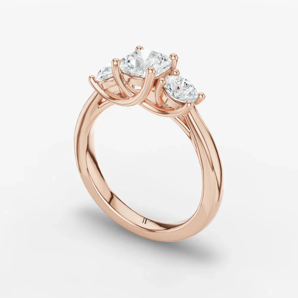 Certified 1 carat Lab Grown Diamond Cushion Cut Three Stone, Side Stone, Low profile Engagement Ring in 14K Rose Gold-Valeri