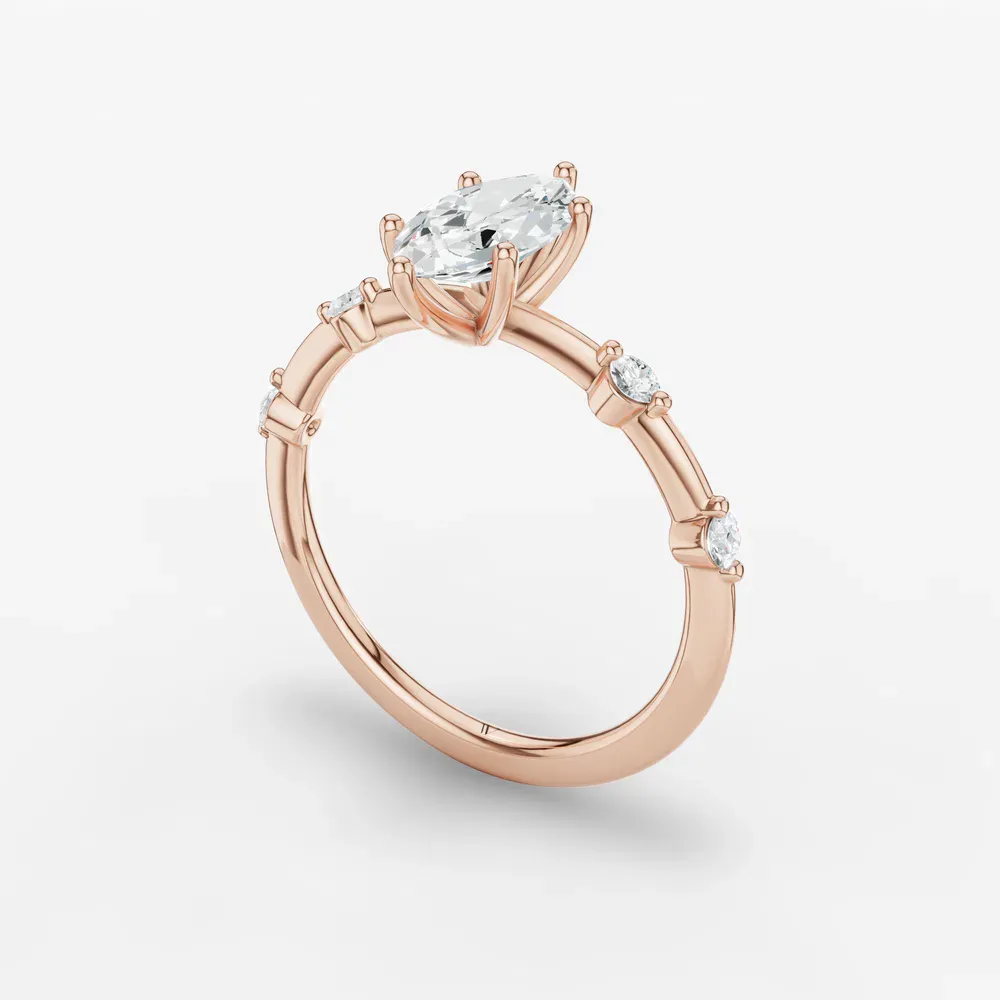 Certified 1 carat Lab Grown Diamond Marquise Cut Low profile, Side Stone Engagement Ring in 14K Rose Gold-Hriw