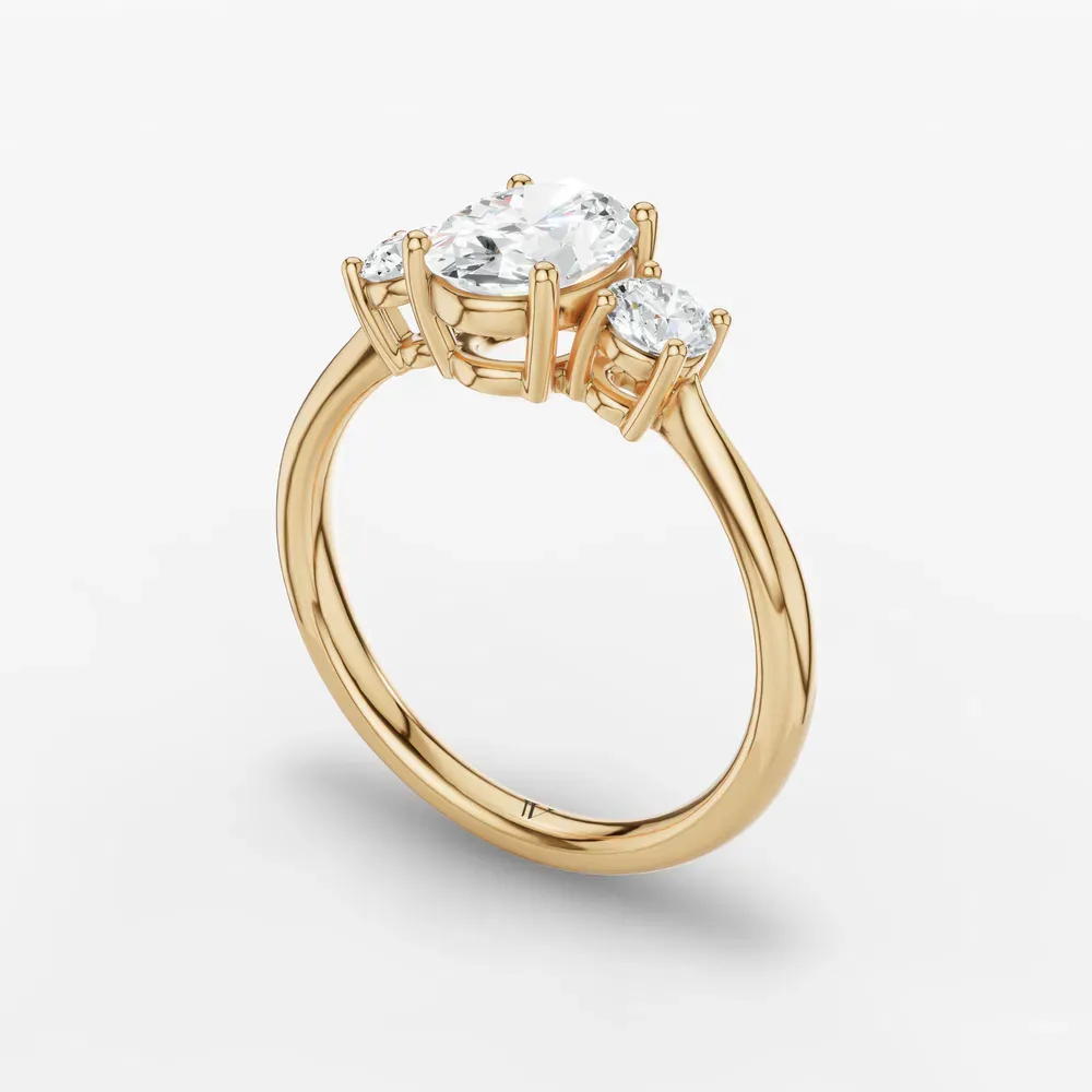 Certified 1 carat Lab Grown Diamond Oval Cut Three Stone, Side Stone, Low profile Engagement Ring in 14K Yellow Gold-Dhyra