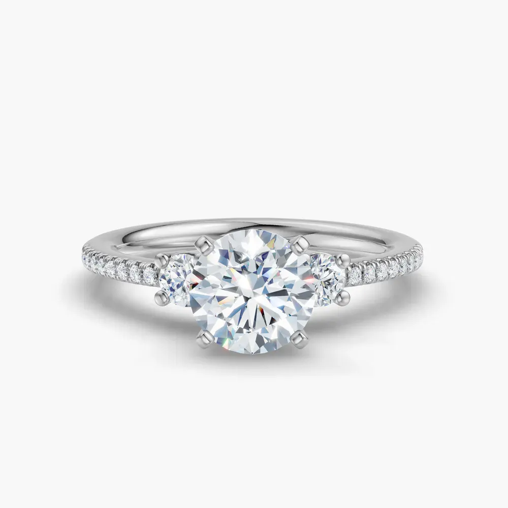 Certified 1 carat Lab Grown Diamond Round Cut Three Stone, Pavé, Four Prong Engagement Ring in 14K White Gold-Vynix