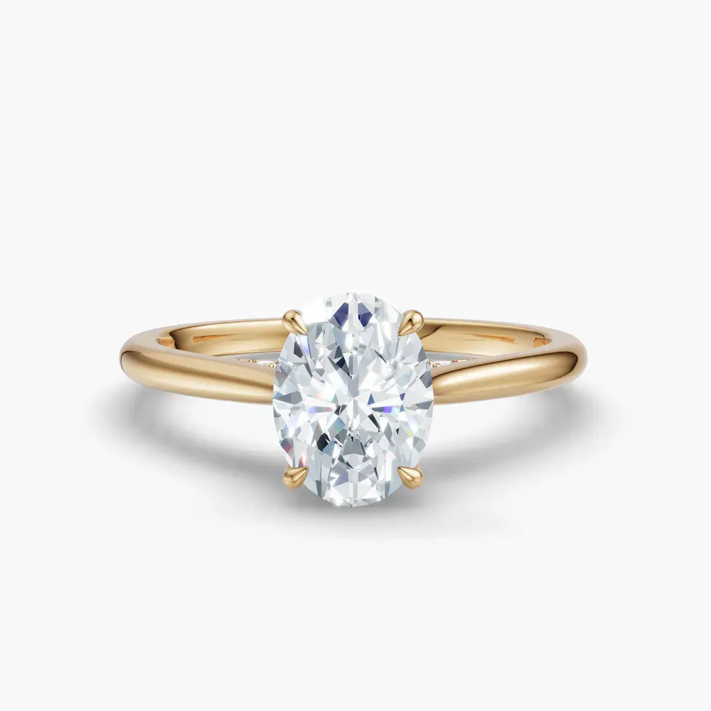 Certified 1 carat Lab Grown Diamond Oval Cut Hidden Halo, Cathedral, Solitaire Engagement Ring in 14K Yellow Gold-Wrenq