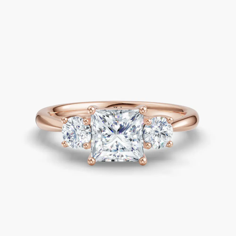 Certified 1 carat Lab Grown Diamond Princess Cut Three Stone, Side Stone, Low profile Engagement Ring in 14K Rose Gold-Dhyra