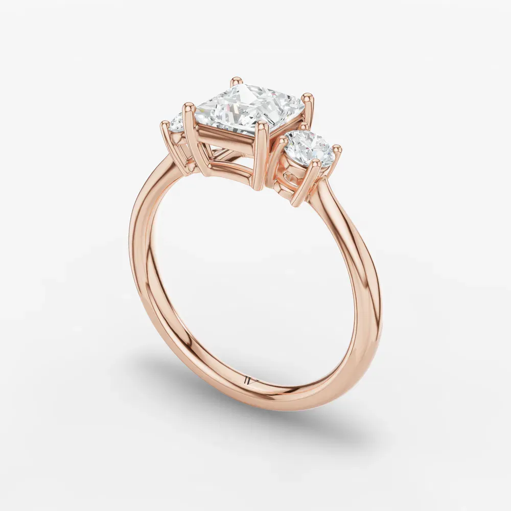 Certified 1 carat Lab Grown Diamond Princess Cut Three Stone, Side Stone, Low profile Engagement Ring in 14K Rose Gold-Dhyra