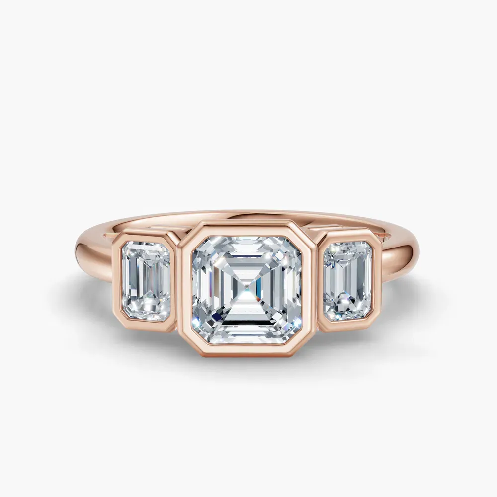 Certified 1 carat Lab Grown Diamond Asscher Cut Three Stone, Bezel, Low profile Engagement Ring in 14K Rose Gold-Elix