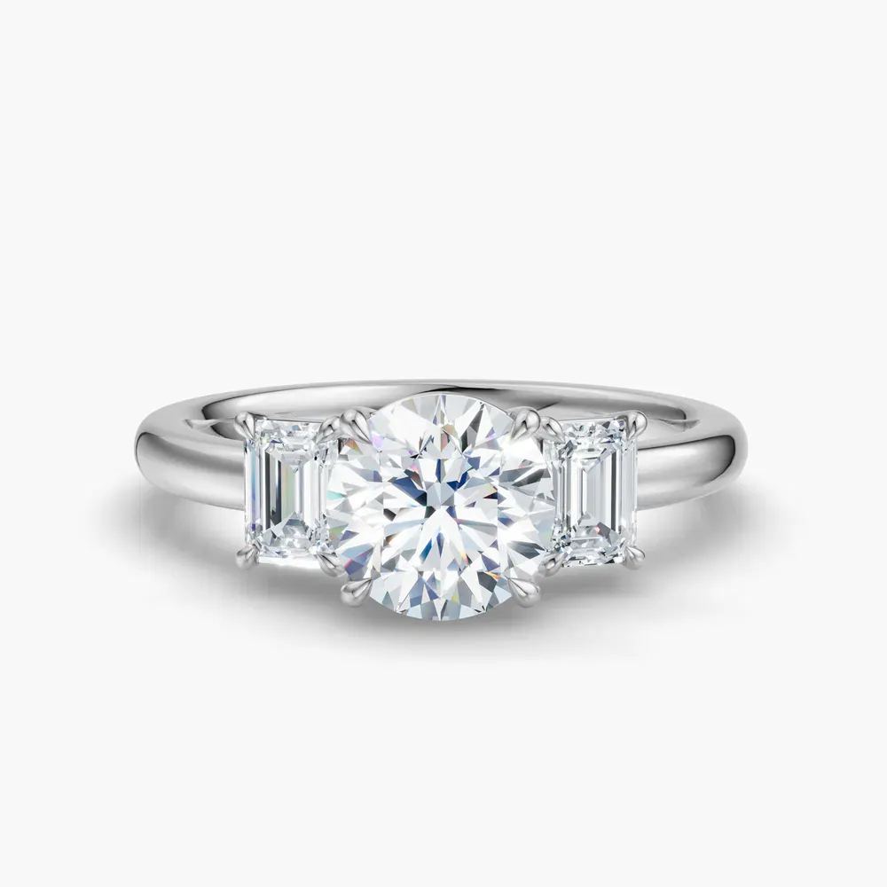 Certified 1 carat Lab Grown Diamond Round Cut Three Stone, Four Prong, Side Stone Engagement Ring in 14K White Gold-Nectarl