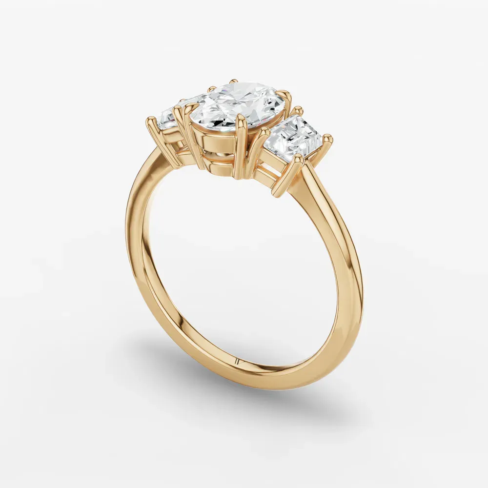 Certified 1 carat Lab Grown Diamond Oval Cut Three Stone, Side Stone, Low profile Engagement Ring in 14K Yellow Gold-Cygnus