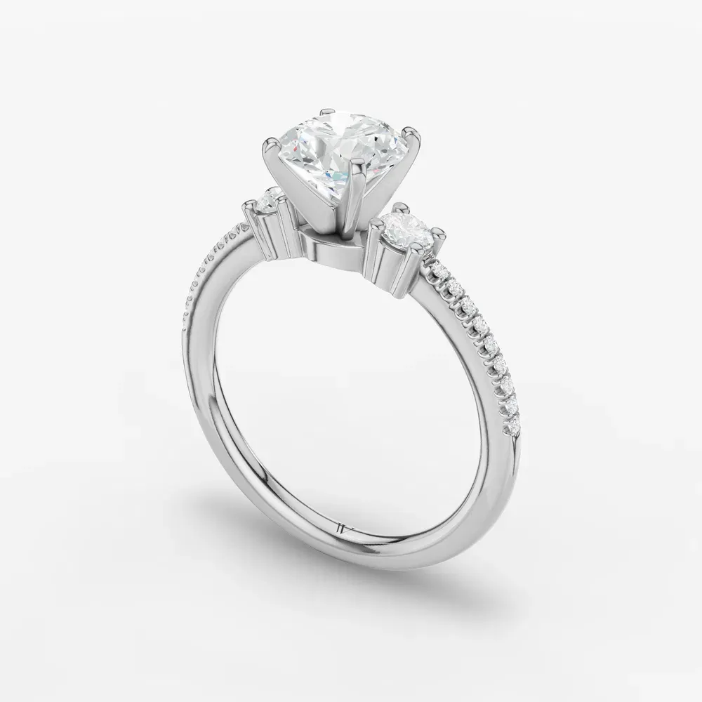 Certified 1 carat Lab Grown Diamond Round Cut Three Stone, Pavé, Four Prong Engagement Ring in 14K White Gold-Vynix