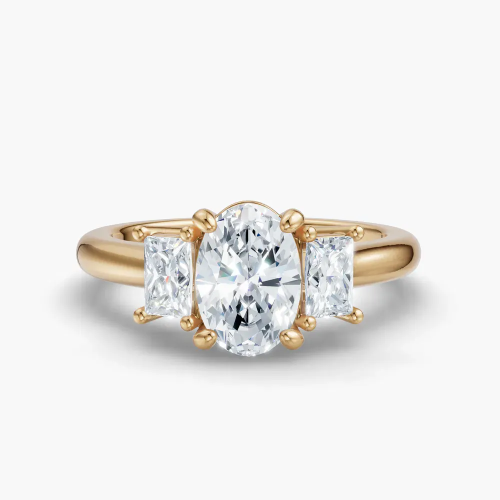 Certified 1 carat Lab Grown Diamond Oval Cut Three Stone, Side Stone Engagement Ring in 14K Yellow Gold-Dravon