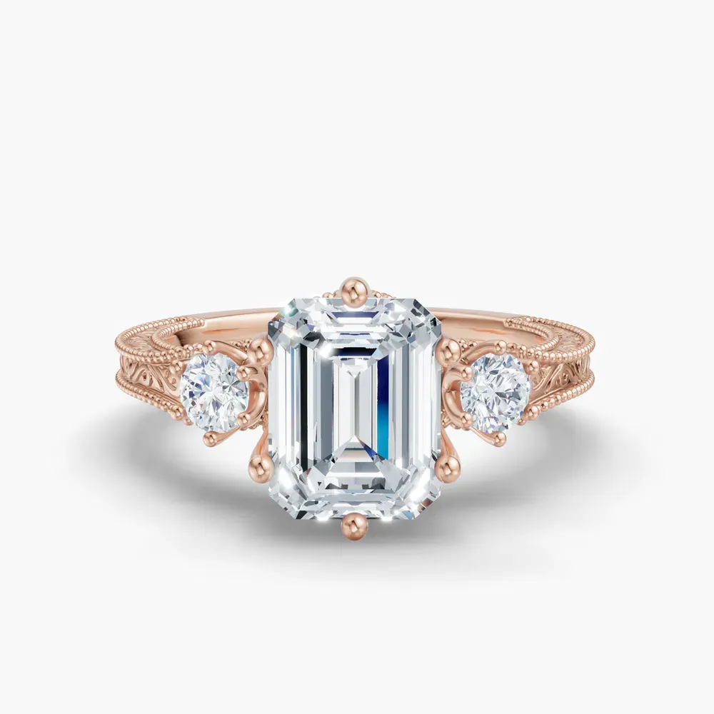 Certified 1 carat Lab Grown Diamond Emerald Cut Three Stone, Unique, Milgrain Engagement Ring in 14K Rose Gold-Zara