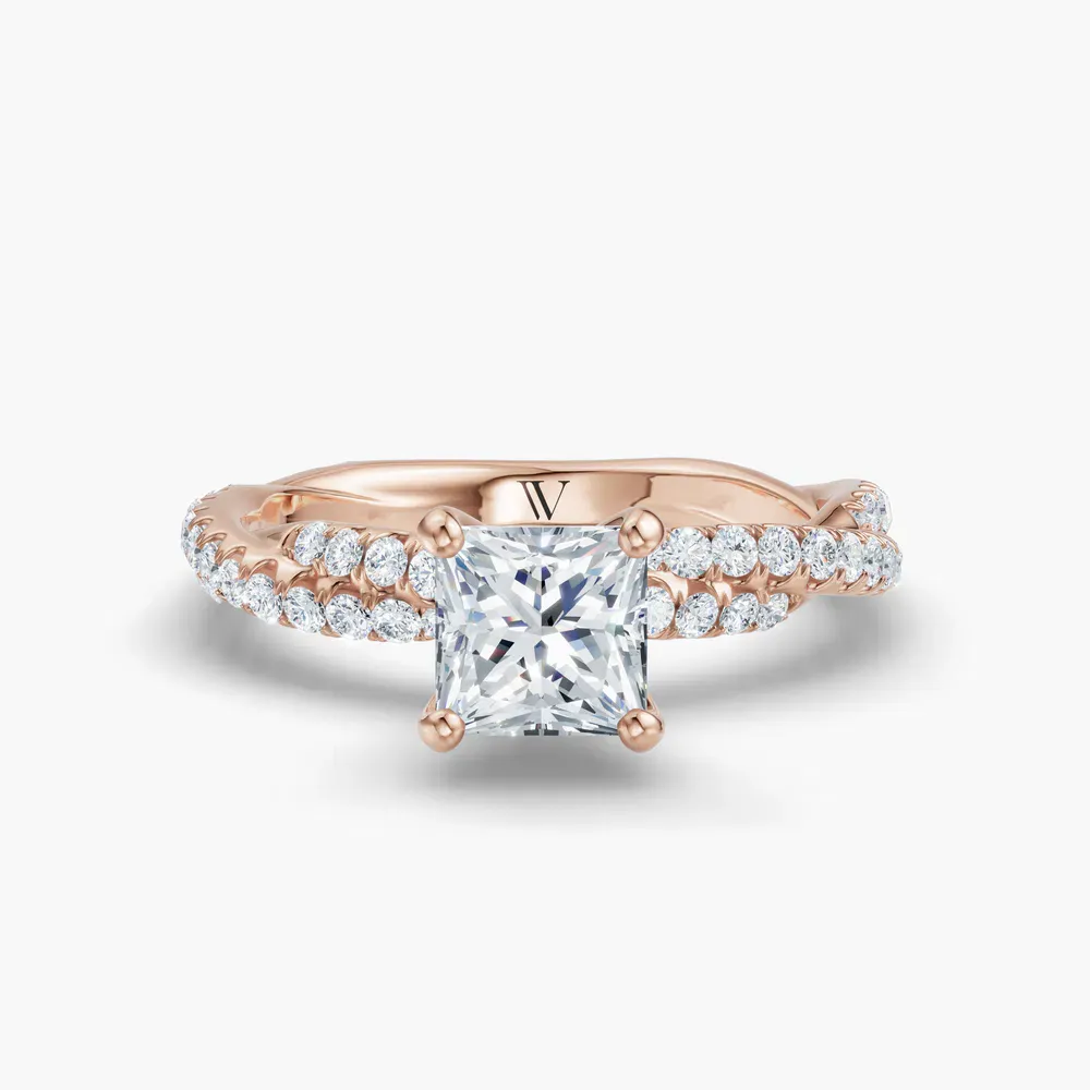 Certified 1 carat Lab Grown Diamond Princess Cut Pavé, Twist Engagement Ring in 14K Rose Gold-Alva