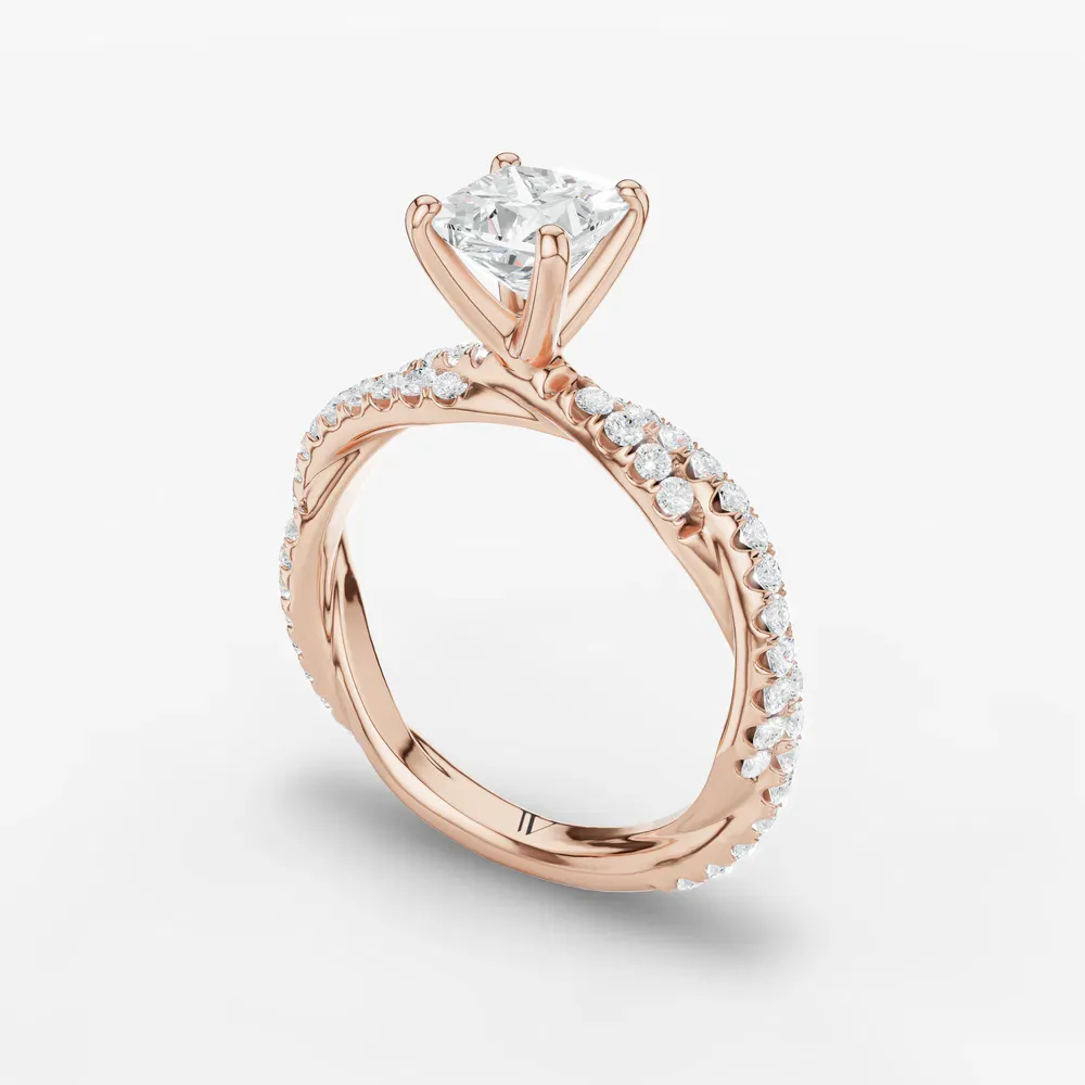 Certified 1 carat Lab Grown Diamond Princess Cut Pavé, Twist Engagement Ring in 14K Rose Gold-Alva