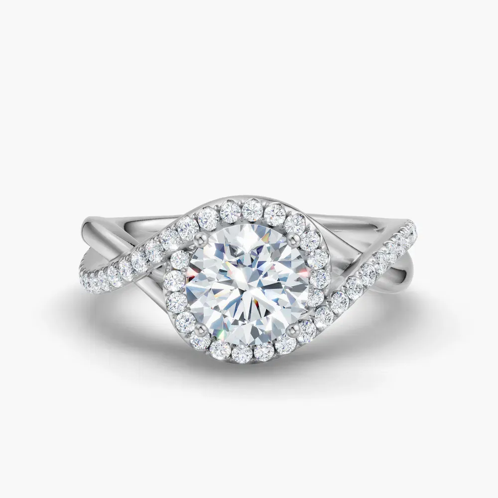 Certified 1 carat Lab Grown Diamond Round Cut Halo, Pavé, Twist Engagement Ring in 14K White Gold-Dell