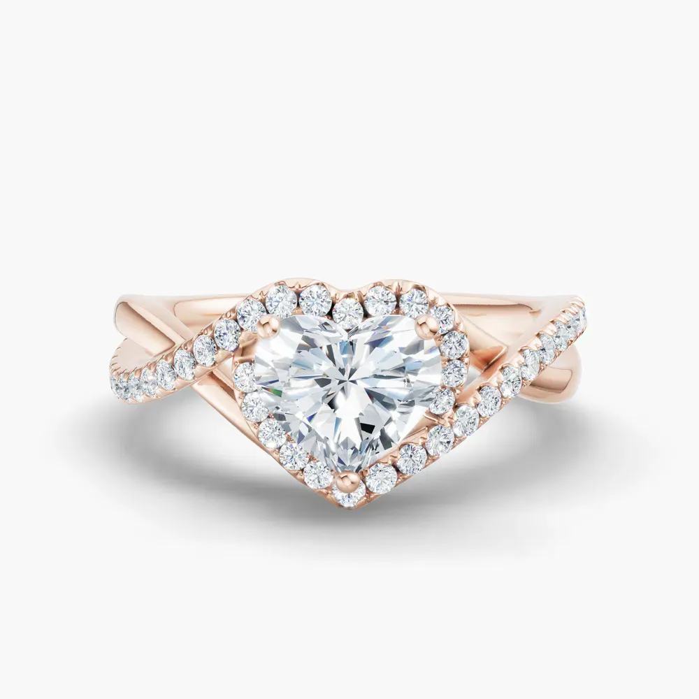 Certified 1 carat Lab Grown Diamond Heart Cut Halo, Pavé, Twist Engagement Ring in 14K Rose Gold-Dell