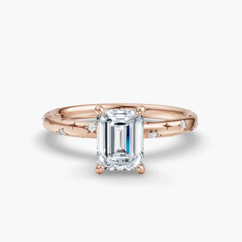 Certified 1 carat Lab Grown Diamond Emerald Cut Hidden Halo, Unique, Side Stone Engagement Ring in 14K Rose Gold-Celestyn
