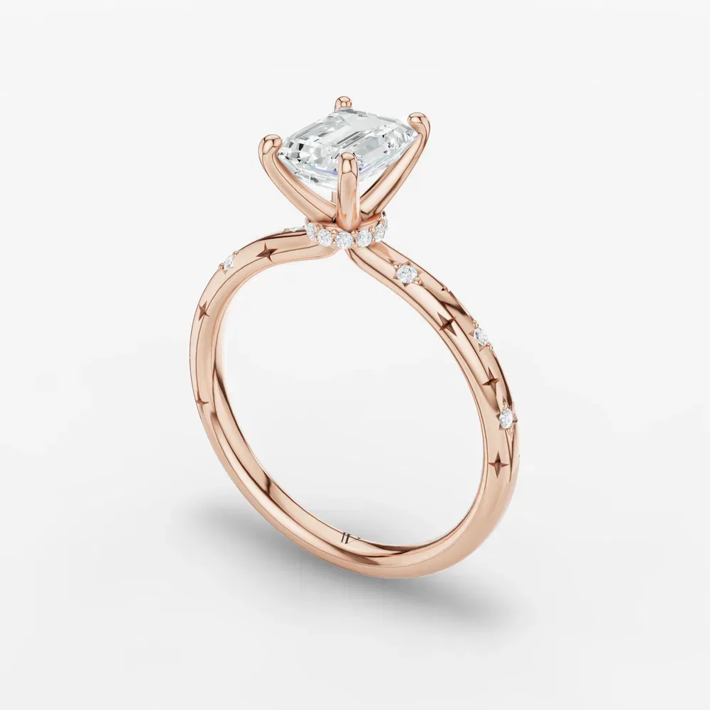 Certified 1 carat Lab Grown Diamond Emerald Cut Hidden Halo, Unique, Side Stone Engagement Ring in 14K Rose Gold-Celestyn
