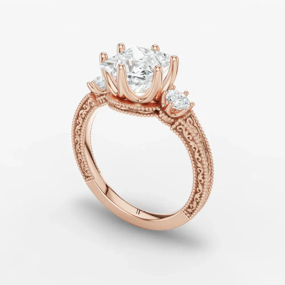Certified 1 carat Lab Grown Diamond Princess Cut Three Stone, Unique, Milgrain Engagement Ring in 14K Rose Gold-Zara