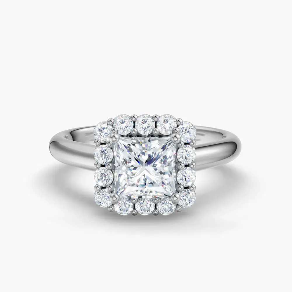 Certified 1 carat Lab Grown Diamond Princess Cut Cathedral, Halo, Floral Engagement Ring in 18K White Gold-Arwen
