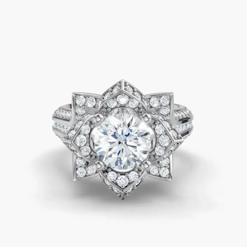 Certified 1 carat Lab Grown Diamond Round Cut Vintage, Floral, Unique Engagement Ring in 18K White Gold-Zirix