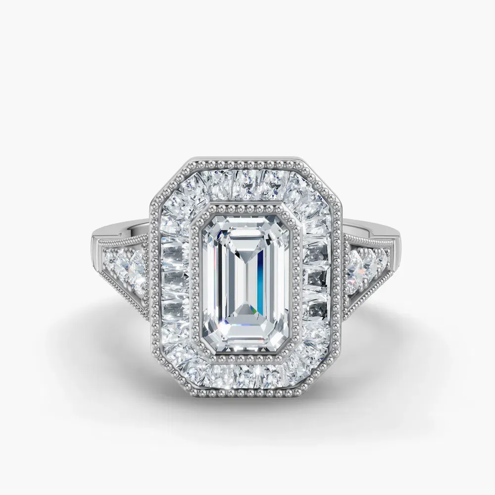 Certified 1 carat Lab Grown Diamond Emerald Cut Art Deco, Baguette, Milgrain Engagement Ring in 18K White Gold-Luxen