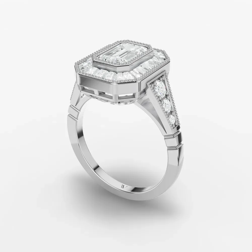 Certified 1 carat Lab Grown Diamond Emerald Cut Art Deco, Baguette, Milgrain Engagement Ring in 18K White Gold-Luxen