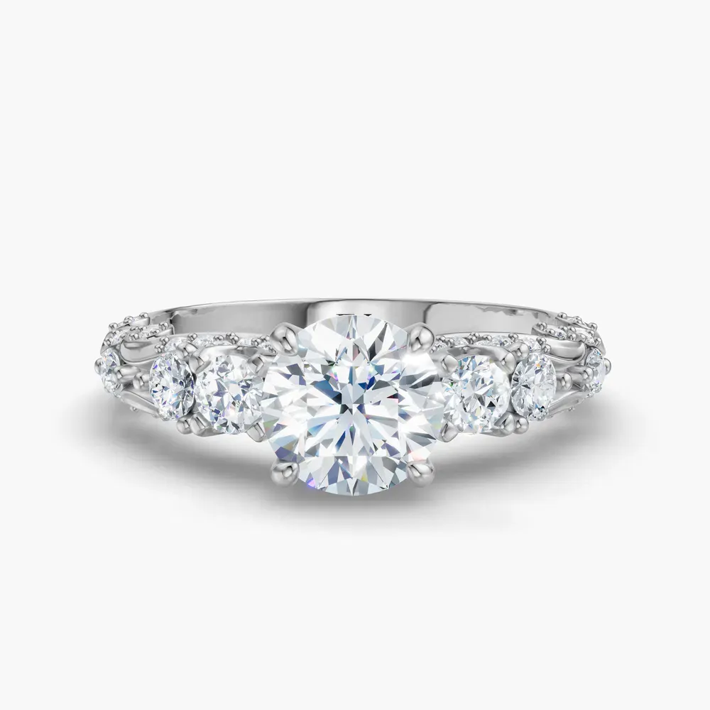 Certified 1 carat Lab Grown Diamond Round Cut Hidden Halo, Unique, Side Stone Engagement Ring in 18K White Gold-Marinia
