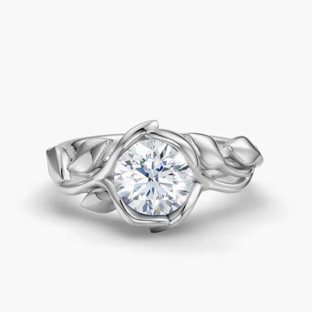 Certified 1 carat Lab Grown Diamond Round Cut Solitaire, Nature inspired, Unique Engagement Ring in 18K White Gold-Evelyn