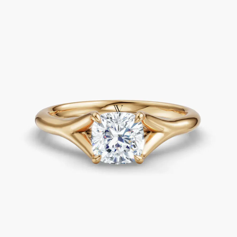 Certified 1 carat Lab Grown Diamond Cushion Cut Solitaire, Split Shank, Simple Engagement Ring in 14K Yellow Gold-Zayfi