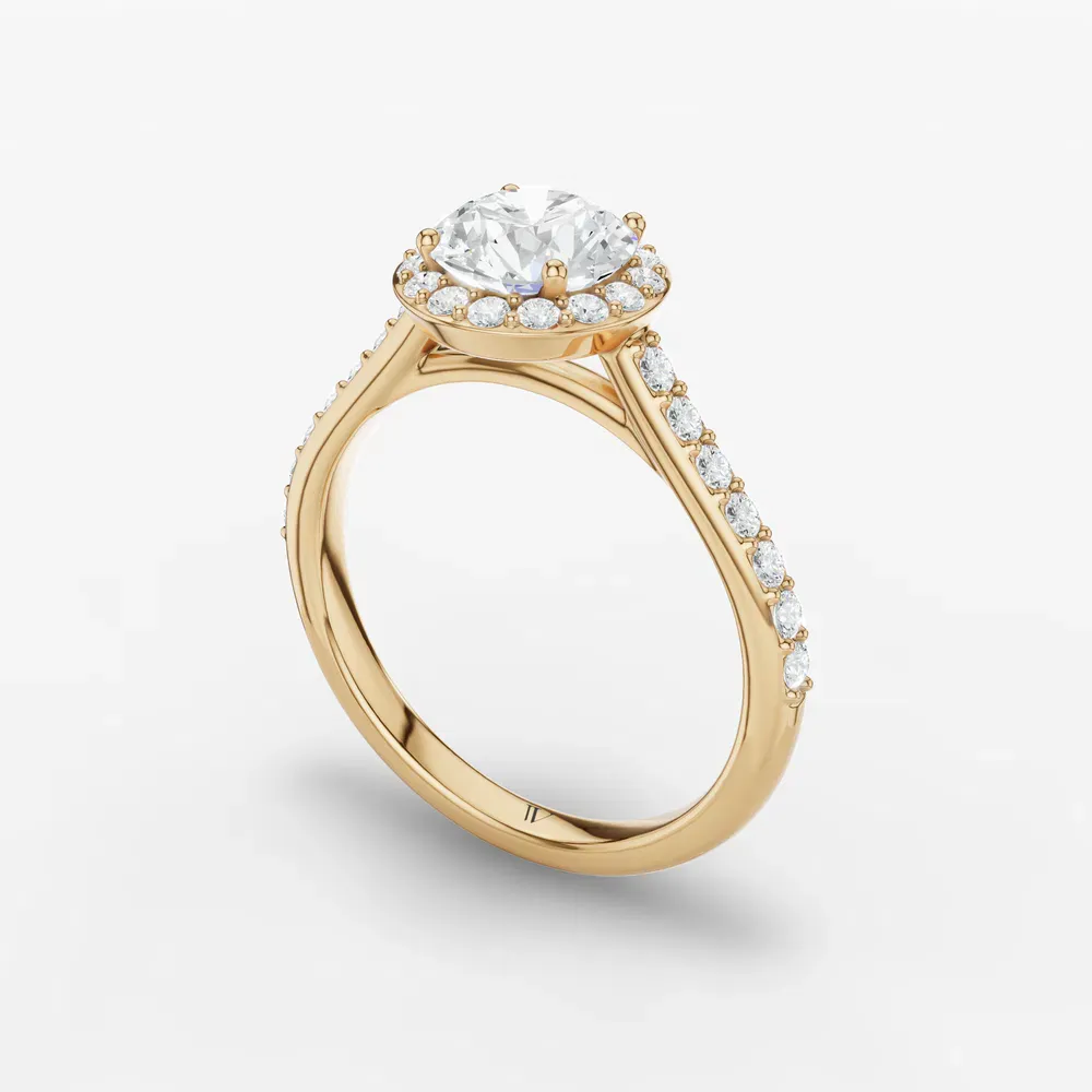 Certified 1 carat Lab Grown Diamond Round Cut Pavé, Halo, Cathedral Engagement Ring in 14K Yellow Gold-Kvolt