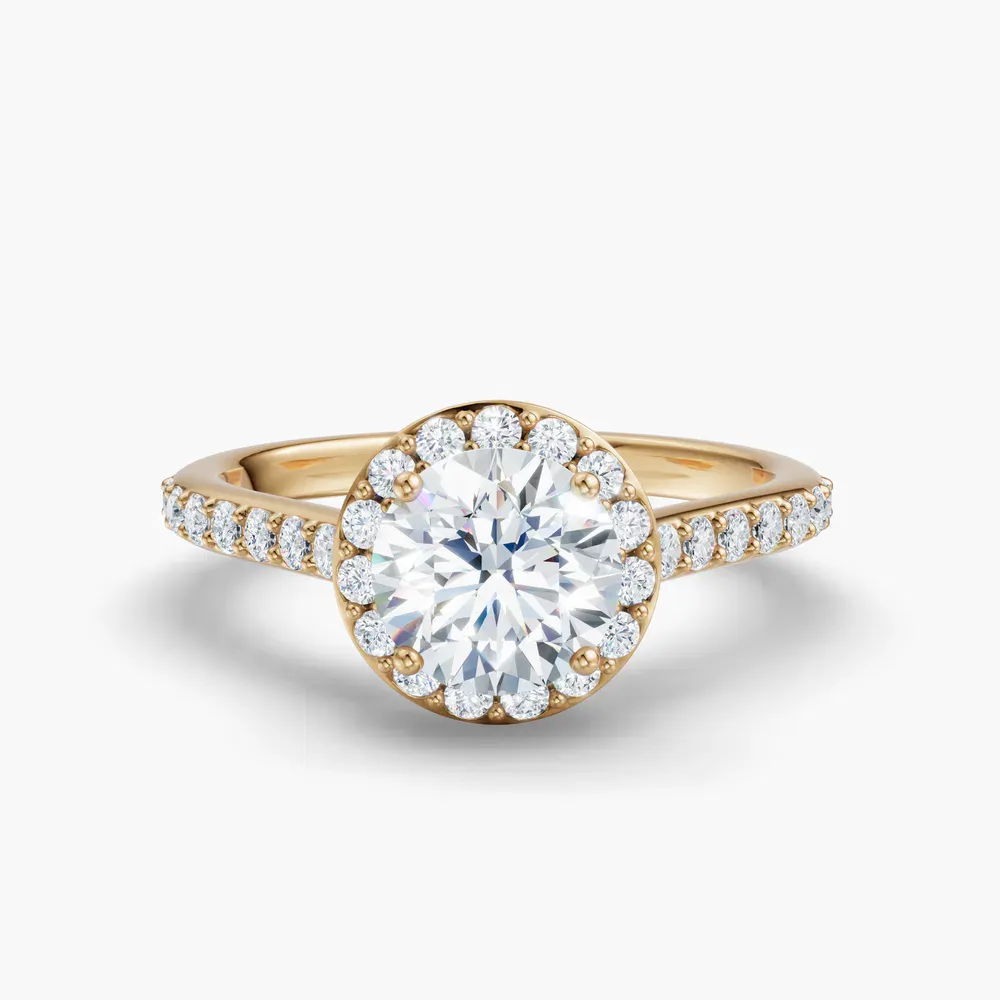 Certified 1 carat Lab Grown Diamond Round Cut Pavé, Halo, Cathedral Engagement Ring in 14K Yellow Gold-Kvolt