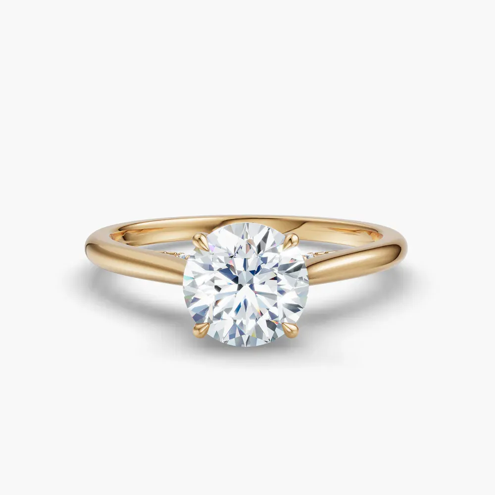 Certified 1 carat Lab Grown Diamond Round Cut Hidden Halo, Cathedral, Solitaire Engagement Ring in 14K Yellow Gold-Wrenq