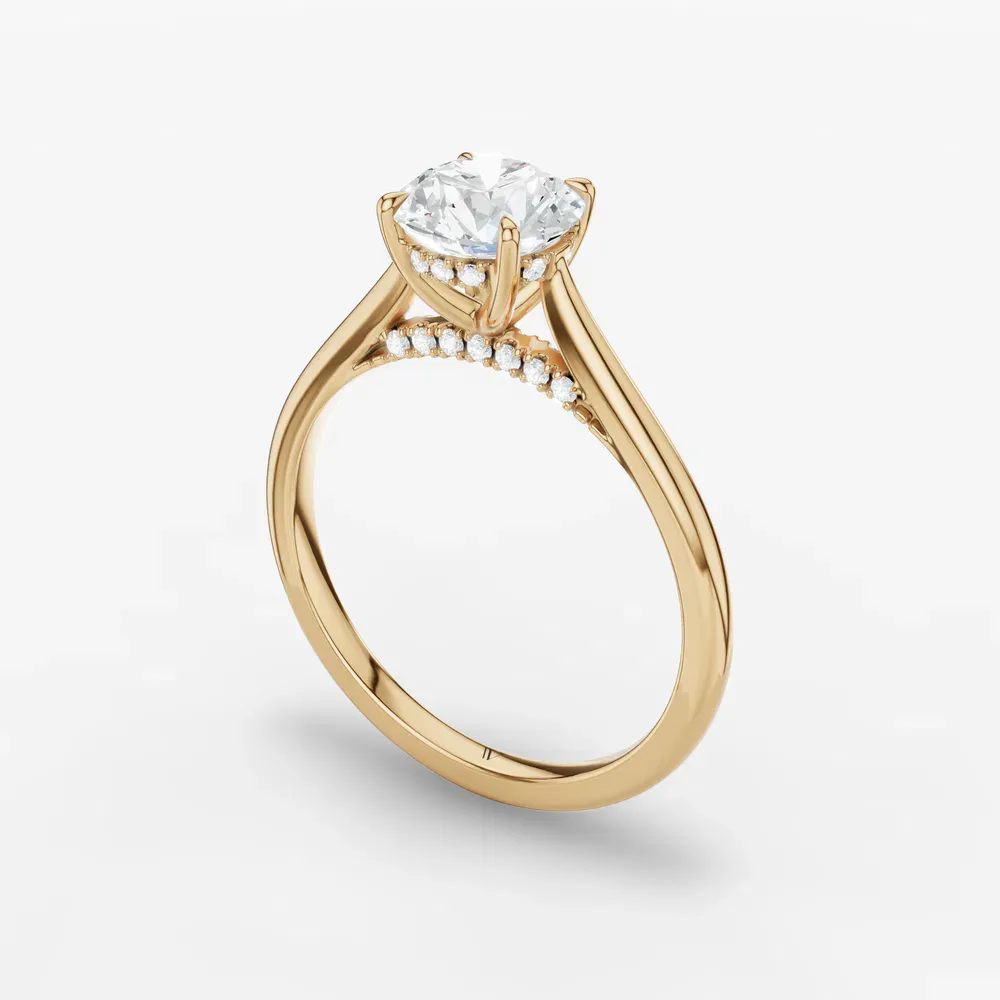Certified 1 carat Lab Grown Diamond Round Cut Hidden Halo, Cathedral, Solitaire Engagement Ring in 14K Yellow Gold-Wrenq