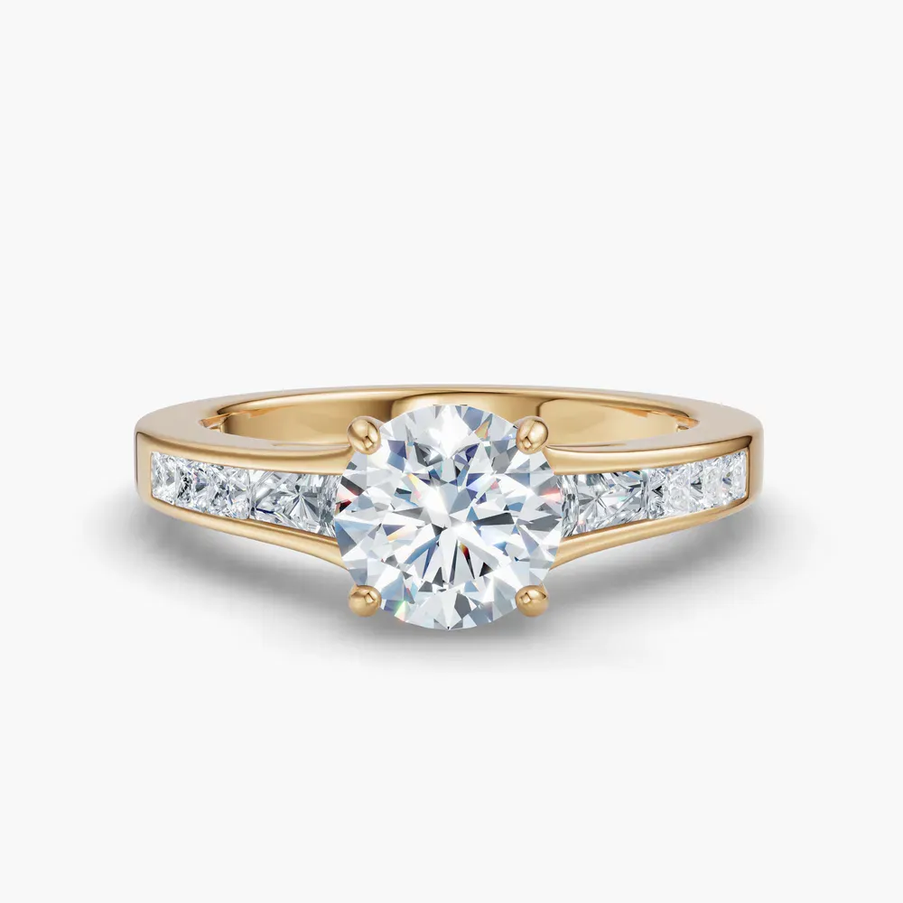 Certified 1 carat Lab Grown Diamond Round Cut Channel Set, Baguette, Cathedral Engagement Ring in 18K Yellow Gold-Gwynv
