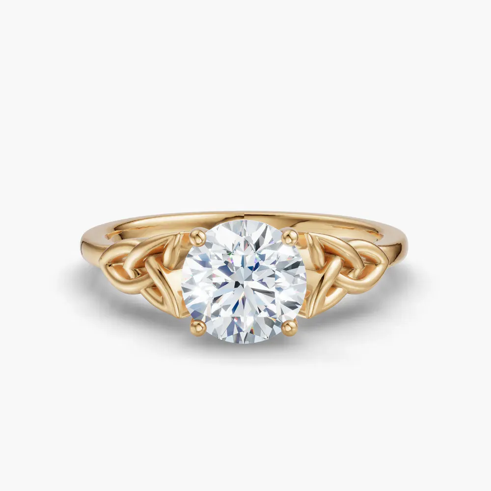 Certified 1 carat Lab Grown Diamond Round Cut Solitaire, Cathedral, Celtic Engagement Ring in 18K Yellow Gold-Vire