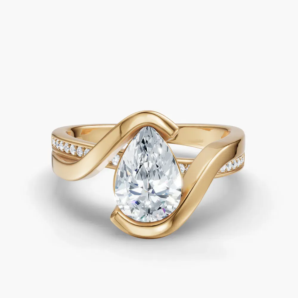 Certified 1 carat Lab Grown Diamond Pear Cut Bezel, Modern, Split Shank Engagement Ring in 14K Yellow Gold-Elara