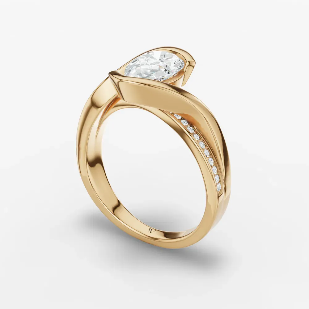 Certified 1 carat Lab Grown Diamond Pear Cut Bezel, Modern, Split Shank Engagement Ring in 14K Yellow Gold-Elara