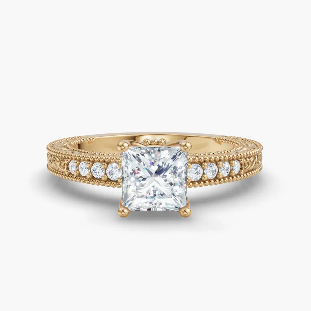 Certified 1 carat Lab Grown Diamond Princess Cut Vintage, Milgrain, Side Stone Engagement Ring in 14K Yellow Gold-Meren