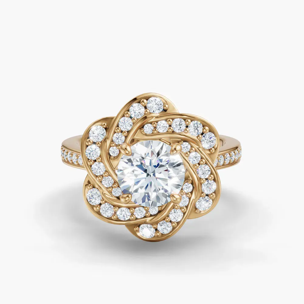 Certified 1 carat Lab Grown Diamond Round Cut Floral, Nature inspired, Cathedral Engagement Ring in 18K Yellow Gold-Vorina
