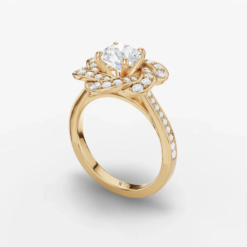 Certified 1 carat Lab Grown Diamond Round Cut Floral, Nature inspired, Cathedral Engagement Ring in 18K Yellow Gold-Vorina