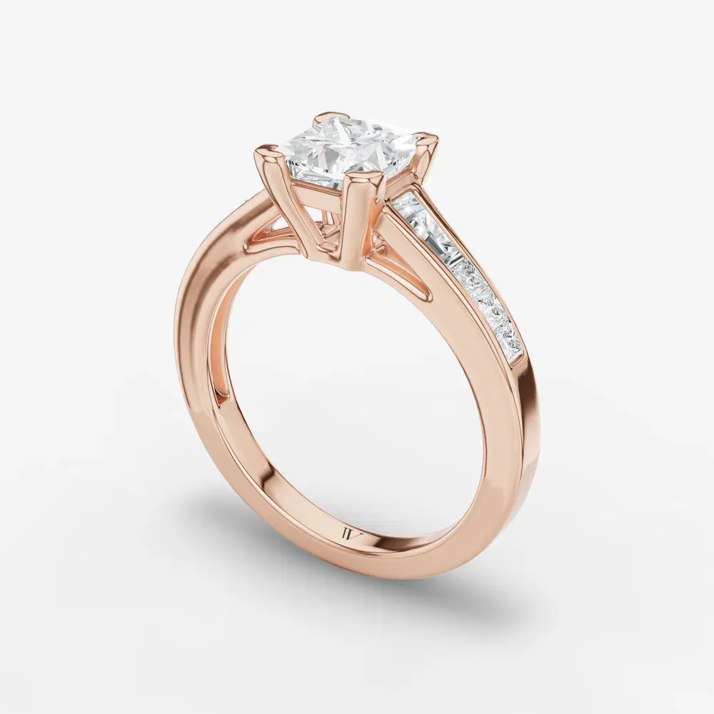 Certified 1 carat Lab Grown Diamond Princess Cut Channel Set, Baguette, Cathedral Engagement Ring in 14K Rose Gold-Gwynv