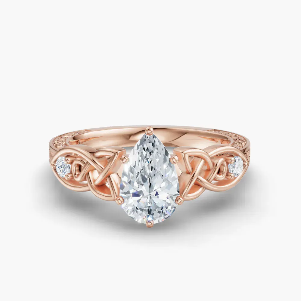 Certified 1 carat Lab Grown Diamond Pear Cut Vintage, Cathedral, Unique Engagement Ring in 14K Rose Gold-Kael