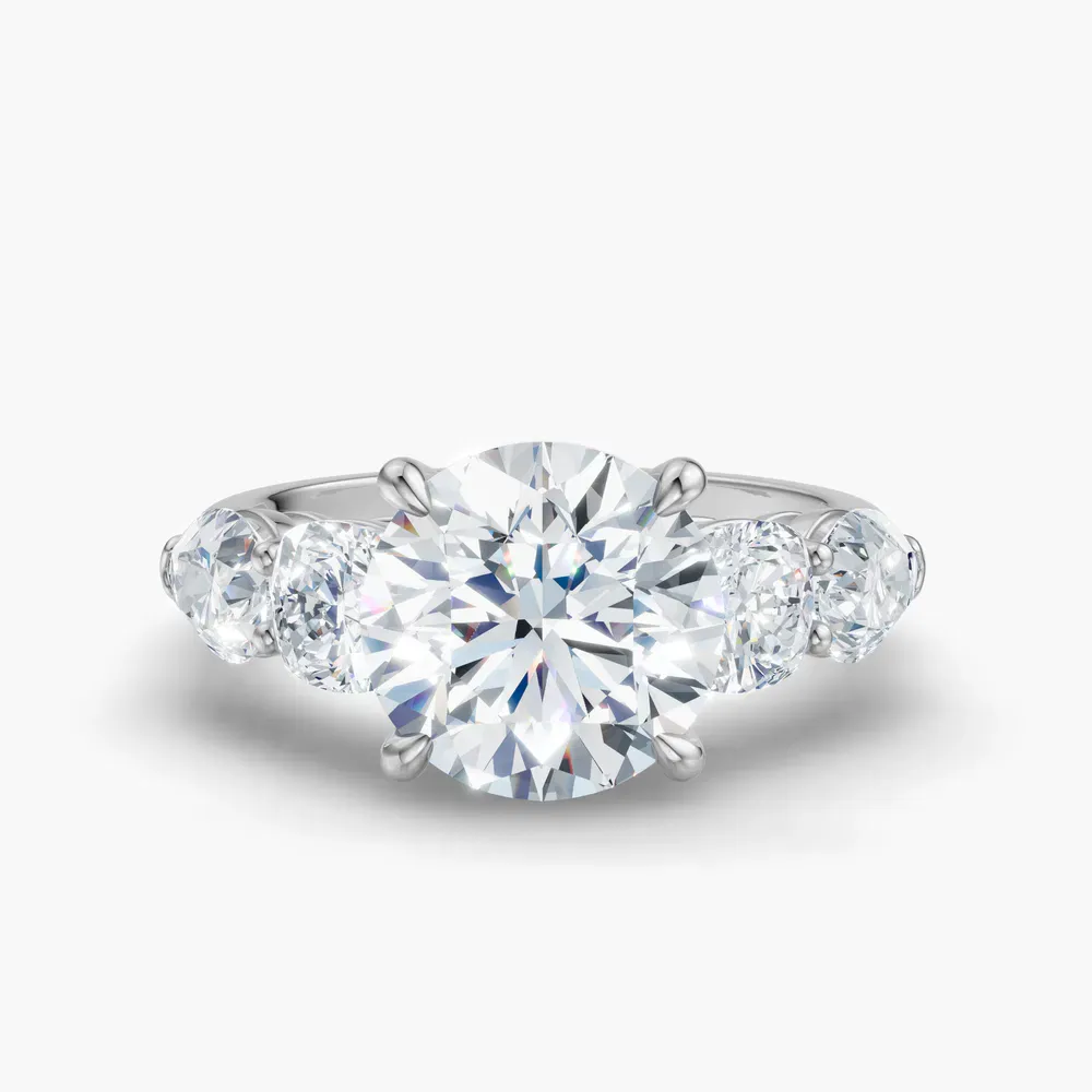 Certified 1 carat Lab Grown Diamond Round Cut Five Stone, Side Stone, Four Prong Engagement Ring in 14K White Gold-Riva