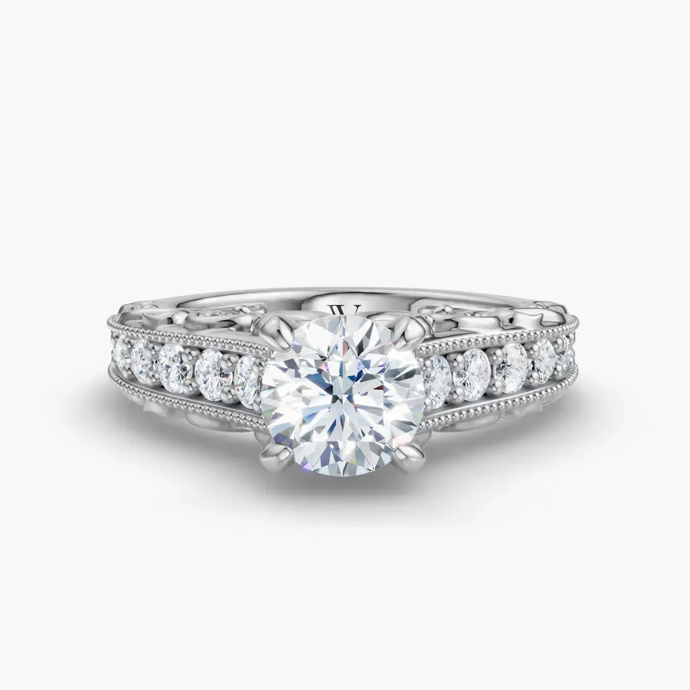 Certified 1 carat Lab Grown Diamond Round Cut Milgrain, Filigree, Vintage Engagement Ring in 14K White Gold-Zevali