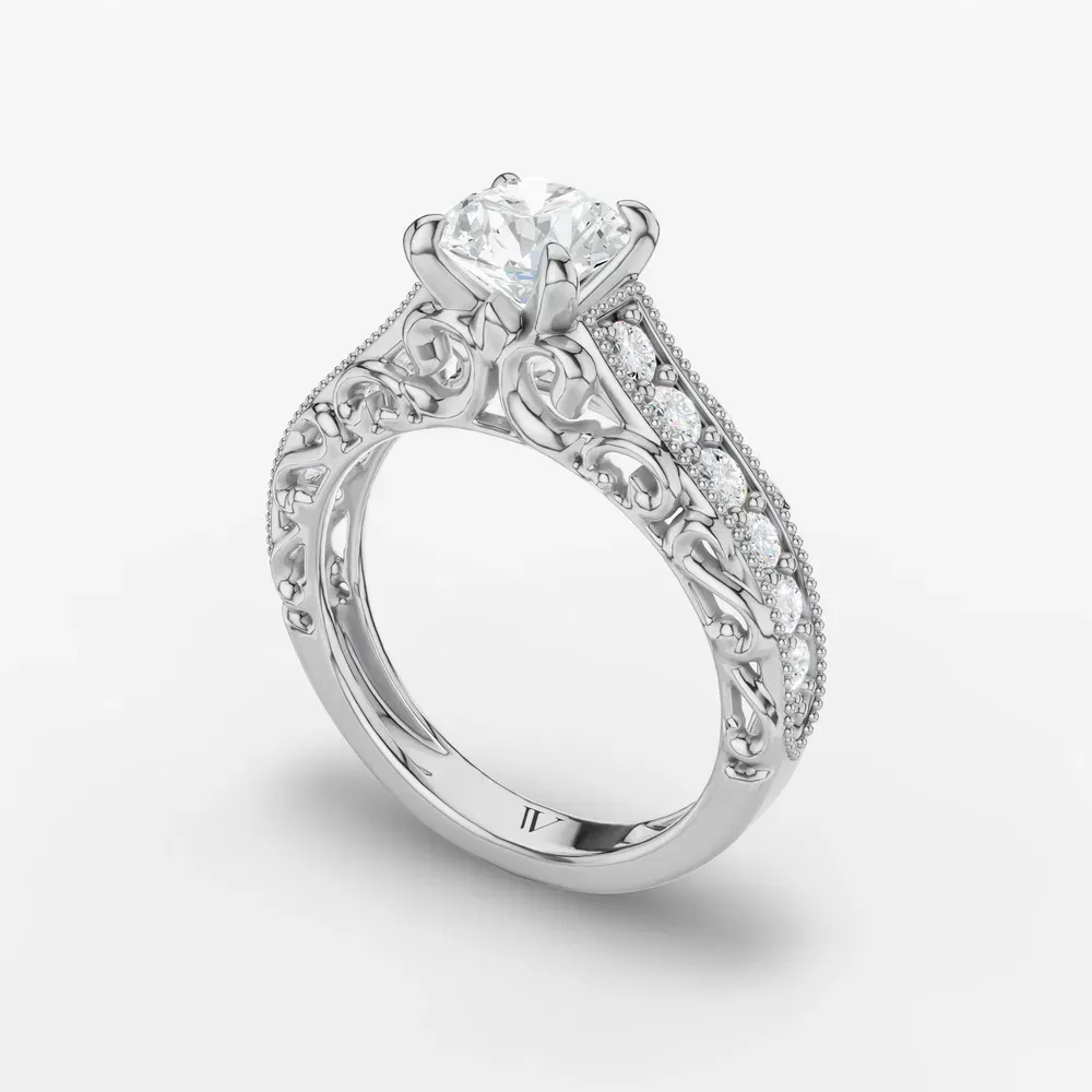 Certified 1 carat Lab Grown Diamond Round Cut Milgrain, Filigree, Vintage Engagement Ring in 14K White Gold-Zevali